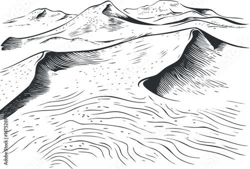 Black and white sketch of a desert landscape featuring sand dunes under a clear sky