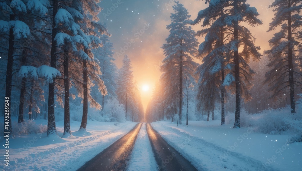 Carriageway in a snowy forest during winter with sunbeams penetrating through the trees. Pine trees flanking the edges of the road. Carriageway in a snowy forest during winter with sunbeams penetrating through the trees. Pine trees flanking the edges of the road.