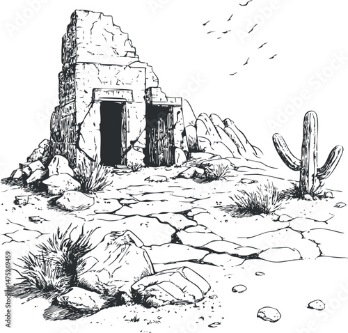 Black and white sketch of desert ruins with cactus rocks and dry cracked landscape under open sky