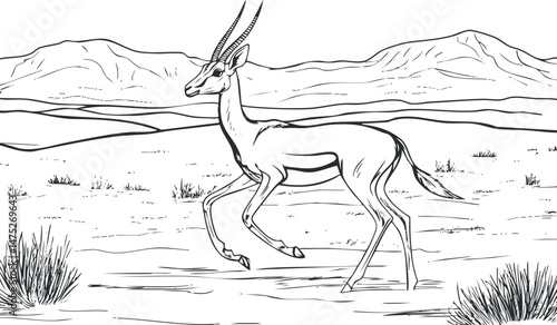 Black and white line art of an antelope running on a grassland with mountains in the background