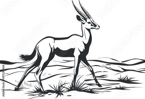 Black and white vector illustration of an antelope walking in a desert landscape with sparse grass