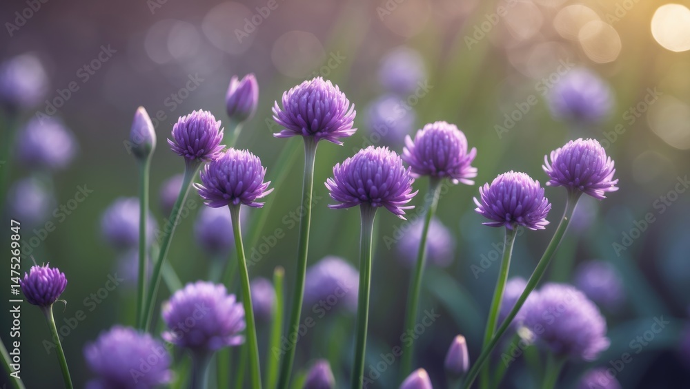 Obraz premium Bright sunlight illuminating purple chive flowers in the garden
