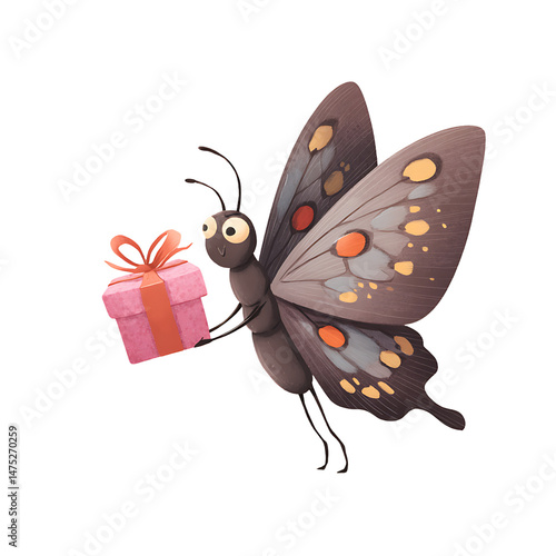 A charming cartoon butterfly carrying a gift box 