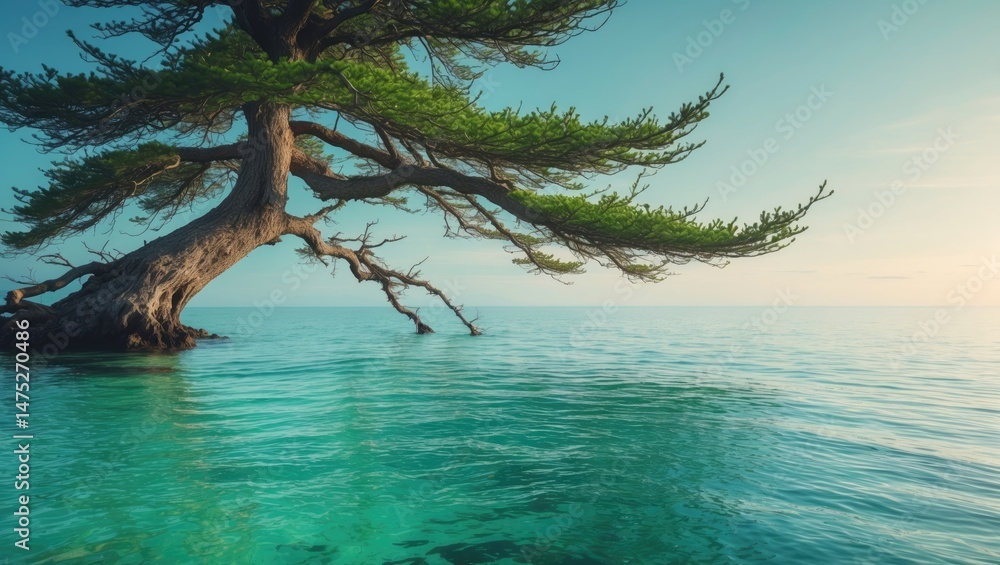 Fototapeta premium Green coniferous branch above the serene ocean landscape