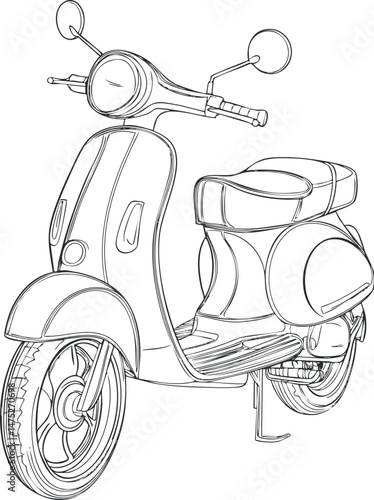 Black and white sketch of a classic scooter motorbike with a detailed design showing seat, wheels, and handlebars.