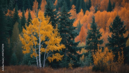 Autumn scene with birch and pine in a forest photo