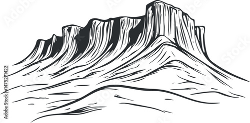 Black and white illustration of a mountain cliff with steep rocky ridges and textured terrain