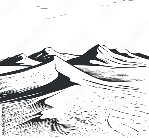 Black and white illustration of a desert landscape with sand dunes and distant mountains under clear sky