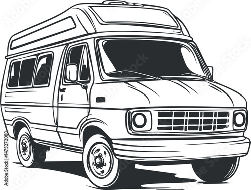 Black and white vector illustration of a camper van vehicle used for travel and outdoor recreational trips