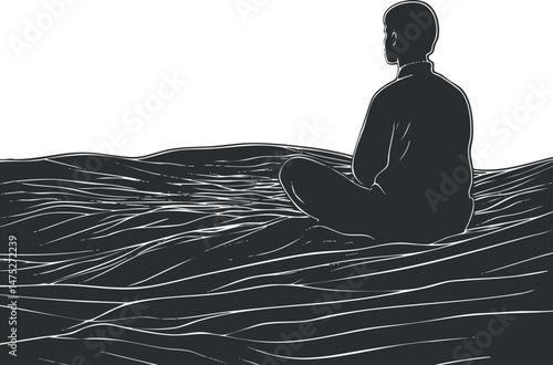 Silhouette of a man sitting calmly on a wavy landscape, meditating in solitude and tranquility.