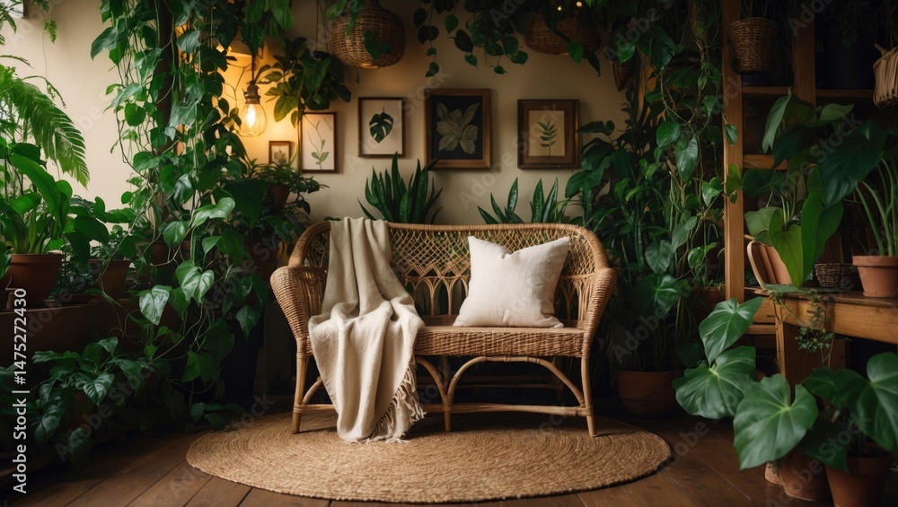 Fototapeta premium A charming and inviting sitting area brimming with plants and antique pieces.