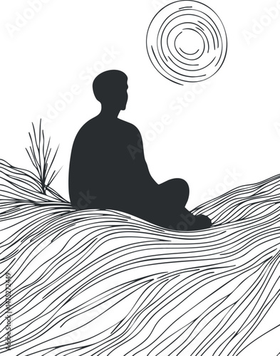 Silhouette of a person meditating sitting on wavy hills outdoors with a sun in the sky