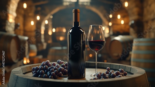 Wine bottle and glass on a barrel in a wine cellar.