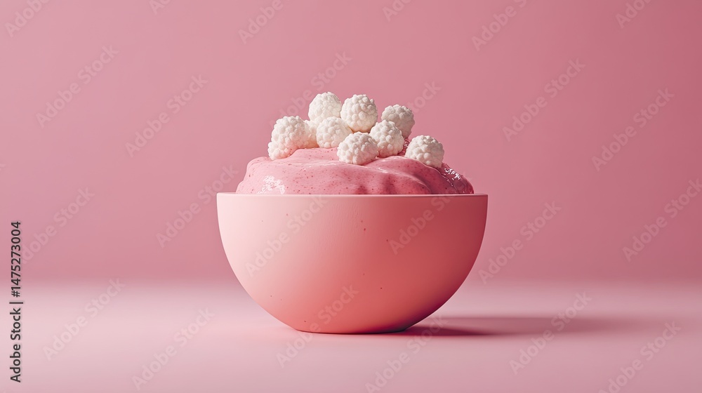 Pink dessert mousse in bowl with white candy. Pink dessert mousse in bowl with white candy.