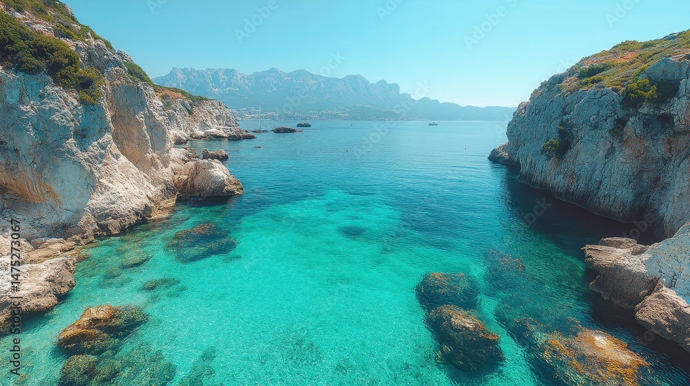 Fototapeta premium Turquoise water with rocks flanked by rocky cliffs under a sunny sky