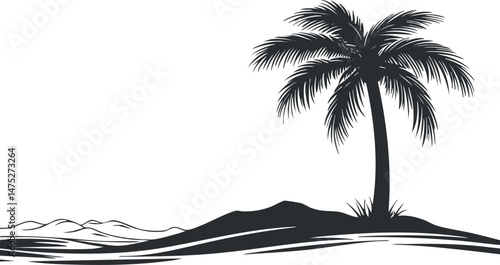 Black and white silhouette of a palm tree on a small island with distant hills and water