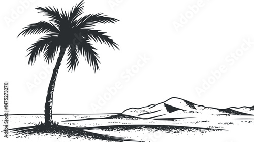 Black and white illustration of a single palm tree in a desert landscape with sand dunes in the background.