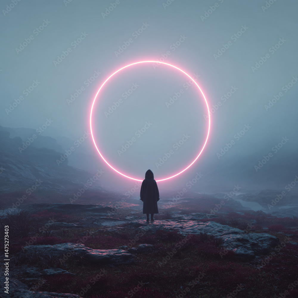 solitary figure watching glowing pink ring in surreal foggy landscape with mist and night atmosphere cosmic surreal dreamlike mood with mysterious eclipse
solitary figure watching glowing pink ring in surreal foggy landscape with mist and night atmosphere cosmic surreal dreamlike mood with mysterious eclipse