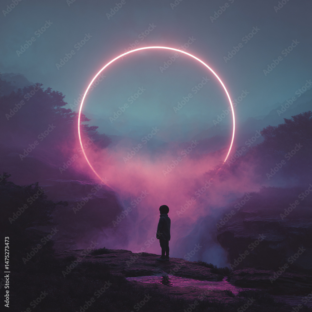 solitary figure watching glowing pink ring in surreal foggy landscape with mist and night atmosphere cosmic surreal dreamlike mood with mysterious eclipse
solitary figure watching glowing pink ring in surreal foggy landscape with mist and night atmosphere cosmic surreal dreamlike mood with mysterious eclipse