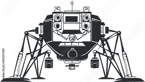 Black and white vector illustration of a lunar lander spacecraft designed for moon exploration and space missions.