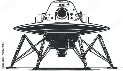 Monochrome illustration of a futuristic robotic spacecraft lander with mechanical legs on a flat surface.
