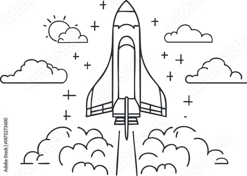 Black and white line drawing of a rocket launching into the sky with clouds and sun around.