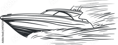Black and white line drawing of a speedboat moving fast through water with waves and motion lines
