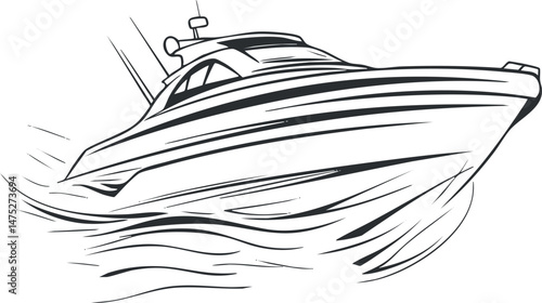 Black and white sketch of a speedboat moving fast on water with waves and motion lines.