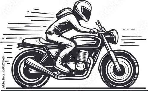 Black and white illustration of a motorcycle rider wearing a helmet riding at high speed