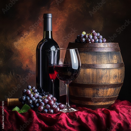 Still life presentation of wine bottle, grapes, glass and barrel.