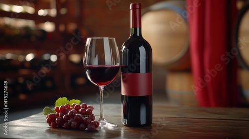Red wine bottle and glass on wooden table in a wine cellar.