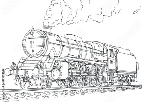 Black and white line drawing of a vintage steam locomotive train emitting smoke on railway tracks