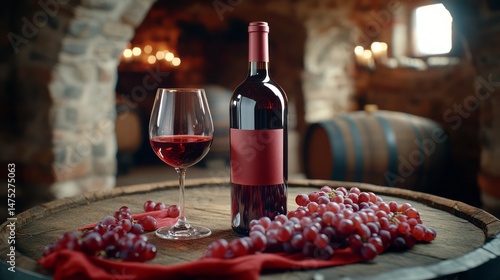 Red wine bottle, glass, and grapes on wooden barrel in cellar.