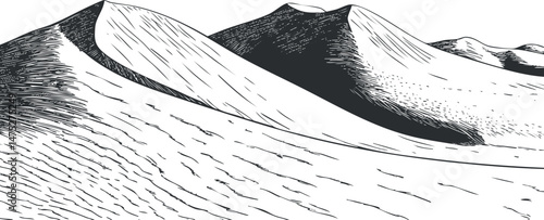 Black and white illustration of sand dunes in a desert landscape with textured hills and ridges.
