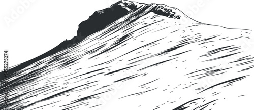 Black and white line art illustration of a mountain peak with rugged terrain and steep slopes