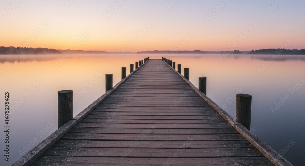 Wooden Pier Stretching Over Calm Lake Water at Early Sunrise Wooden Pier Stretching Over Calm Lake Water at Early Sunrise