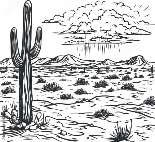 Black and white illustration of a desert landscape with a large cactus and rain clouds over distant mountains