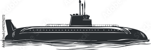 Black silhouette illustration of a military submarine floating on the ocean surface, naval vessel concept