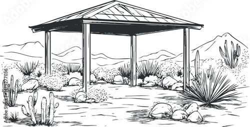 Black and white sketch of a gazebo in a desert landscape with cacti, rocks, and distant mountains.