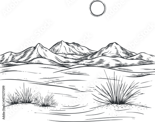 Black and white sketch of a dry desert landscape with mountains and sparse vegetation under the sun.