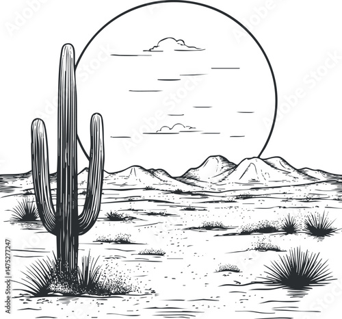 Black and white illustration of a desert landscape with a large cactus in foreground and mountains in background under a large sun and scattered clouds