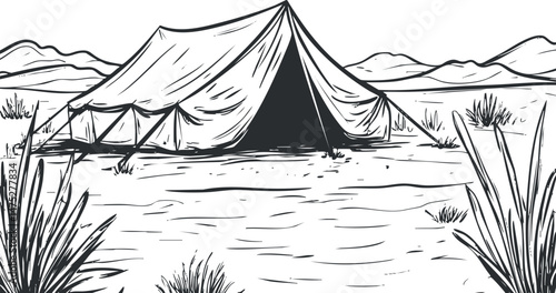 Black and white drawing of a camping tent set in a desert landscape with mountains in the background and sparse vegetation
