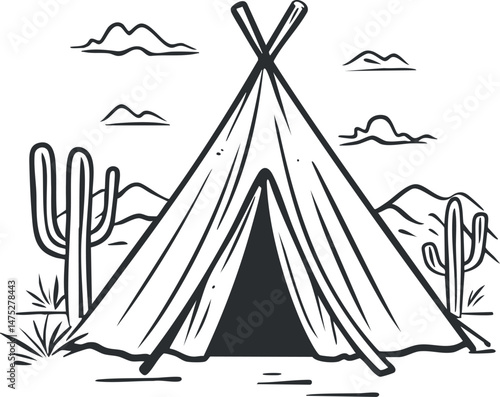 Black and white illustration of a teepee tent in a desert landscape with cacti and mountains