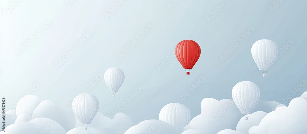Obraz premium Red hot air balloon stands out among white balloons soaring above fluffy clouds.