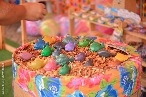 Traditional game of Festa Junina and São João in Brazil. Fishing with a rod where you win a prize (toy). Festa Junina game enjoyed by children, Fishing with a rod.