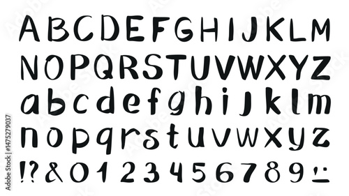 English alphabet set of marker brush stroke texture. Doodle handwriting elements with latin letters and numbers. Black hand drawn calligraphy script, grunge rough write typeface. Vector illustration.