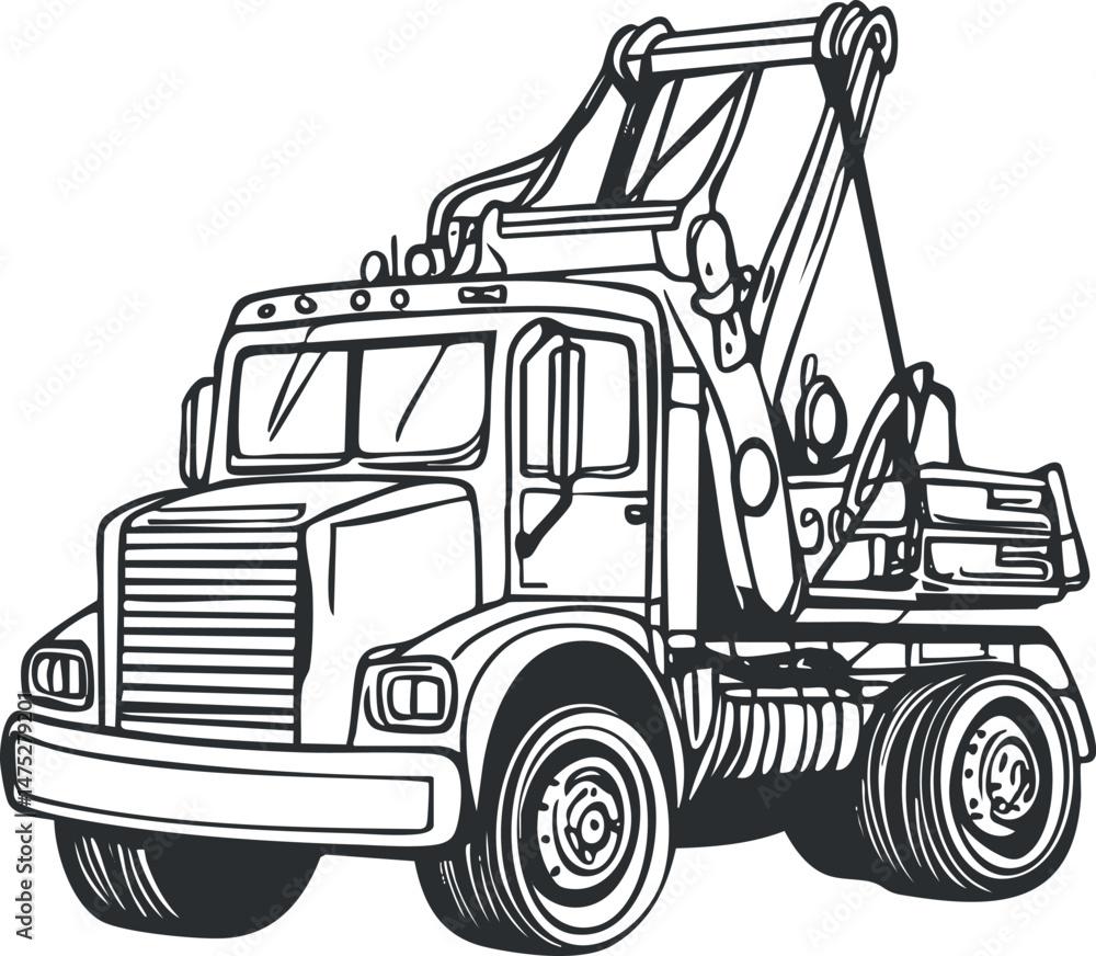 Black and white illustration of a tow truck with detailed lifting mechanism and wheels Black and white illustration of a tow truck with detailed lifting mechanism and wheels