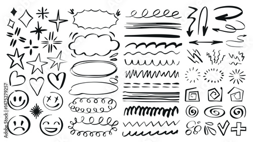 Doodle underline emphasis scribble set of marker brush stroke texture. Handwriting elements with black stars, hearts, emoji, speech bubbles, clouds, curves, arrows, swirls, other. Vector illustration.
