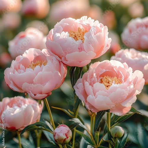 Soft breeze moving light pink peonies in outdoor setting.