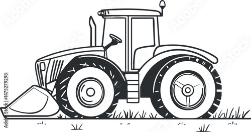 Black and white outline illustration of a tractor used for farming and agricultural work in rural fields.